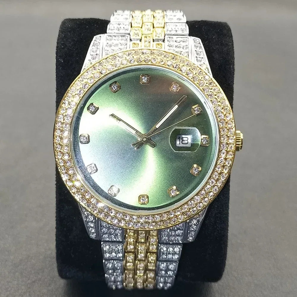 Luxury Men's Green Dial Stainless Steel Watch | Shockproof Waterproof Quartz Clock | Classic Calendar Iced Out Watch | Caratix - CaratixJewelry